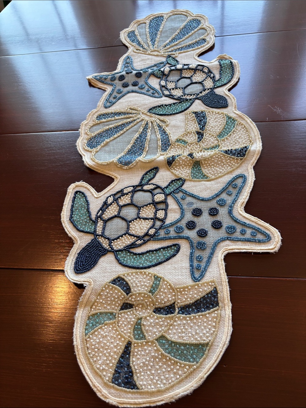 At Home Handcrafted Beaded Nautical Table runner,turtle,starfish,shells,jute